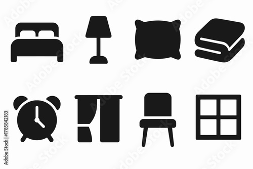 Collection of bedroom icons: bed, lamp, pillow, blanket, alarm, curtains, chair, window