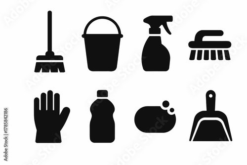 Collection of cleaning supply icons in black and white