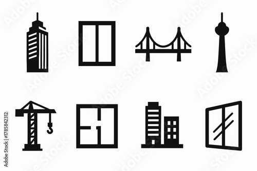 Icon set: buildings, bridges, and construction elements in bold black graphics