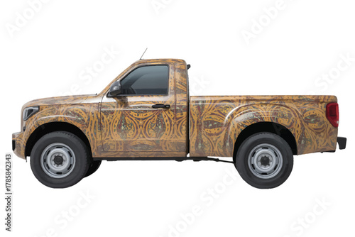 Pickup truck with custom tribal pattern wrap isolated on white background showcasing vehicle customization and design