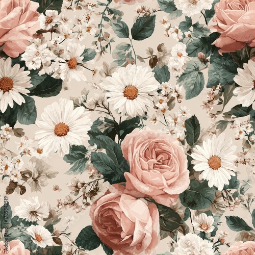 A floral pattern featuring pink roses, white daisies, and delicate greenery, creating a soft, elegant aesthetic on a neutral background.