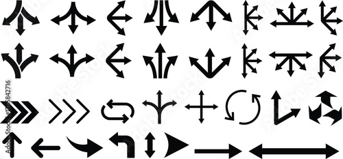 Way direction arrow sign icon set. three arrow, way sign, road direction icon vector. three-way direction arrow sign.Way pointer symbol. Turn arrow navigation sign. Traffic route vector illustration.