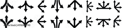 Way direction arrow sign icon set. three arrow, way sign, road direction icon vector. three-way direction arrow sign.Way pointer symbol. Turn arrow navigation sign. Traffic route vector illustration.