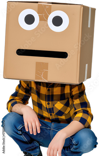 Person in yellow plaid shirt wearing cardboard box on head