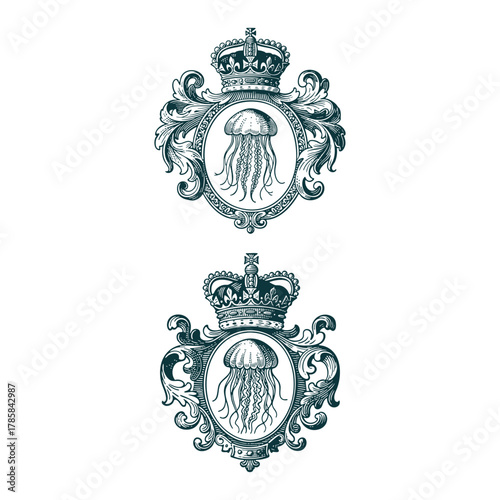 A pair of elegant vintage heraldic crests featuring a detailed engraving of a jellyfish encased within an ornate, oval-shaped frame, and crowned with a royal crown