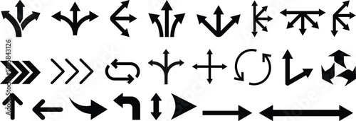 Way direction arrow sign icon set. three arrow, way sign, road direction icon vector. three-way direction arrow sign.Way pointer symbol. Turn arrow navigation sign. Traffic route vector illustration.