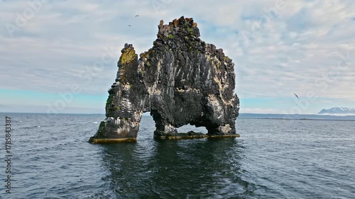 Aerial view of Hvítserkur basalt stack, North Iceland. Famous rock arch standing in shallow Arctic waters.