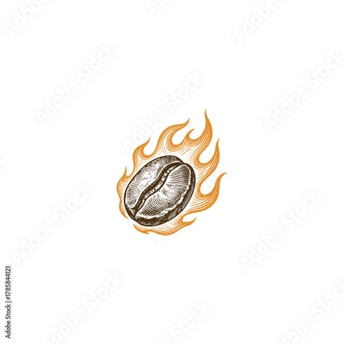 Vintage engraving-style illustration of a coffee bean engulfed in intense flames