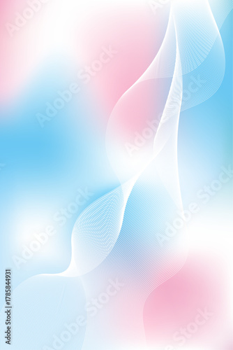 縦構図　青とピンクのグラデーション　流れる白色のウェーブ　抽象的な背景イメージ素材