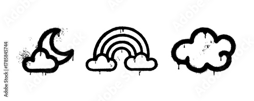 Graffiti icons of moon, rainbow, and cloud in black spray paint style