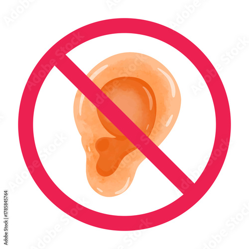No hearing sign, deafness symbol, no listening sign, forbidden sign with ear icon, red crossed circle symbol, silence vector illustration