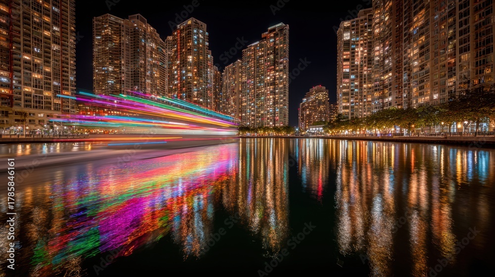 Obraz premium Nighttime river city landscape with colorful light streaks reflected in the water and skyscrapers providing an illuminated backdrop.