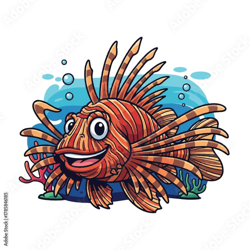 Happy lionfish character illustration, an underwater sea creature with a friendly smile