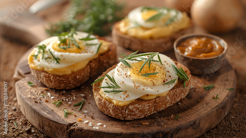 Delicious open-faced sandwiches with thinly sliced hardboiled eggs and fresh herbs such as parsley and dill on toasted whole grain bread.