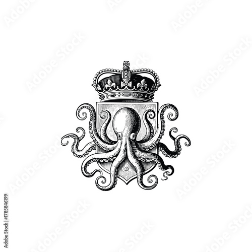 vintage nautical coat of arms illustrations featuring a majestic octopus holding or emerging from a decorated shield, crowned with an ornate royal crown