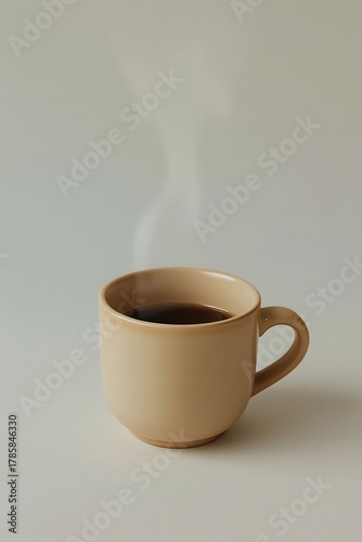 An aromatic coffee in a stylish craft cup entices with its deep dark-brown color and soft texture.