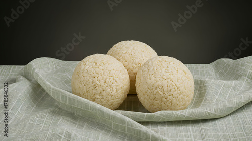 Puffed Rice Balls on Soft fluffy Fabric Background.