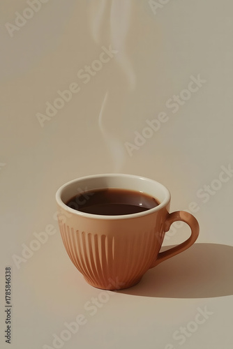 An aromatic coffee in a stylish craft cup entices with its deep dark-brown color and soft texture.