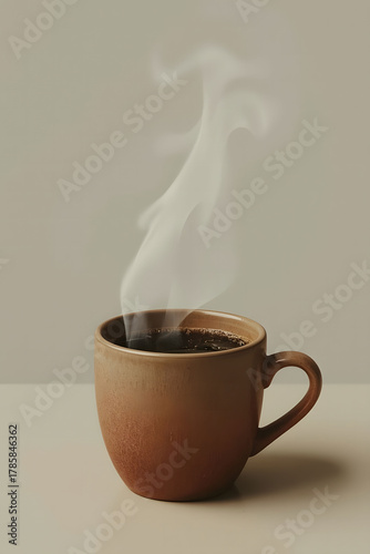 An aromatic coffee in a stylish craft cup entices with its deep dark-brown color and soft texture.