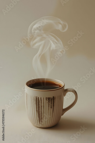 An aromatic coffee in a stylish craft cup entices with its deep dark-brown color and soft texture.