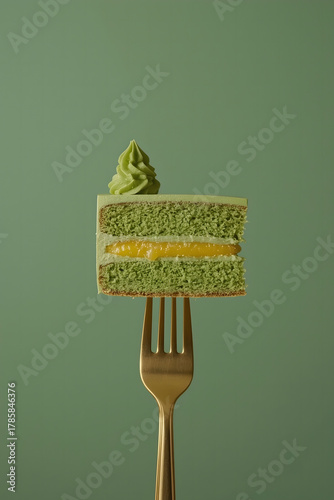 a minimalist and artistic style, showcasing a slice of layered cake balanced on a golden fork against a solid, muted green background.