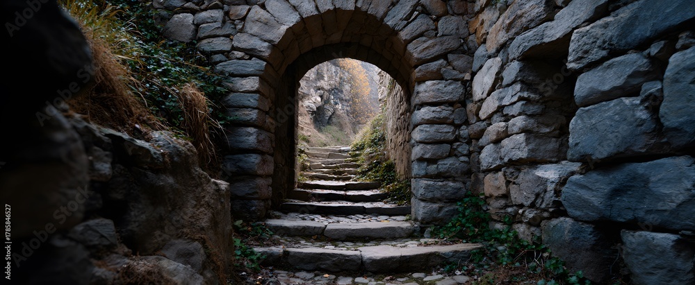 Fototapeta premium The narrow stone archway beckons with mysterious whispers of an ancient passageway.