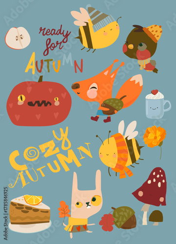 Cartoon Set with funny Animals and Autumn Elements