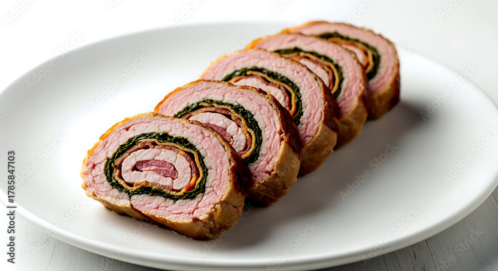 Fototapeta premium German kohlrouladen with veal and bacon filling, neatly sliced to show layers, served on a minimalist white ceramic plate