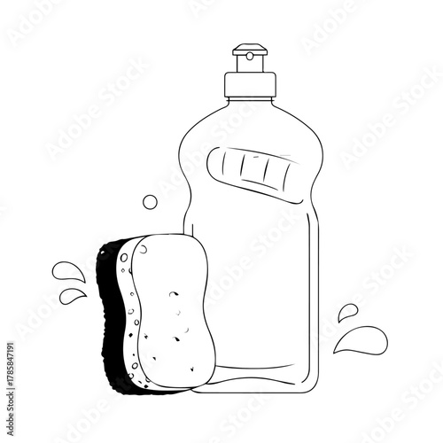 Black and white illustration of a dishwashing liquid bottle with a sponge and water splashes