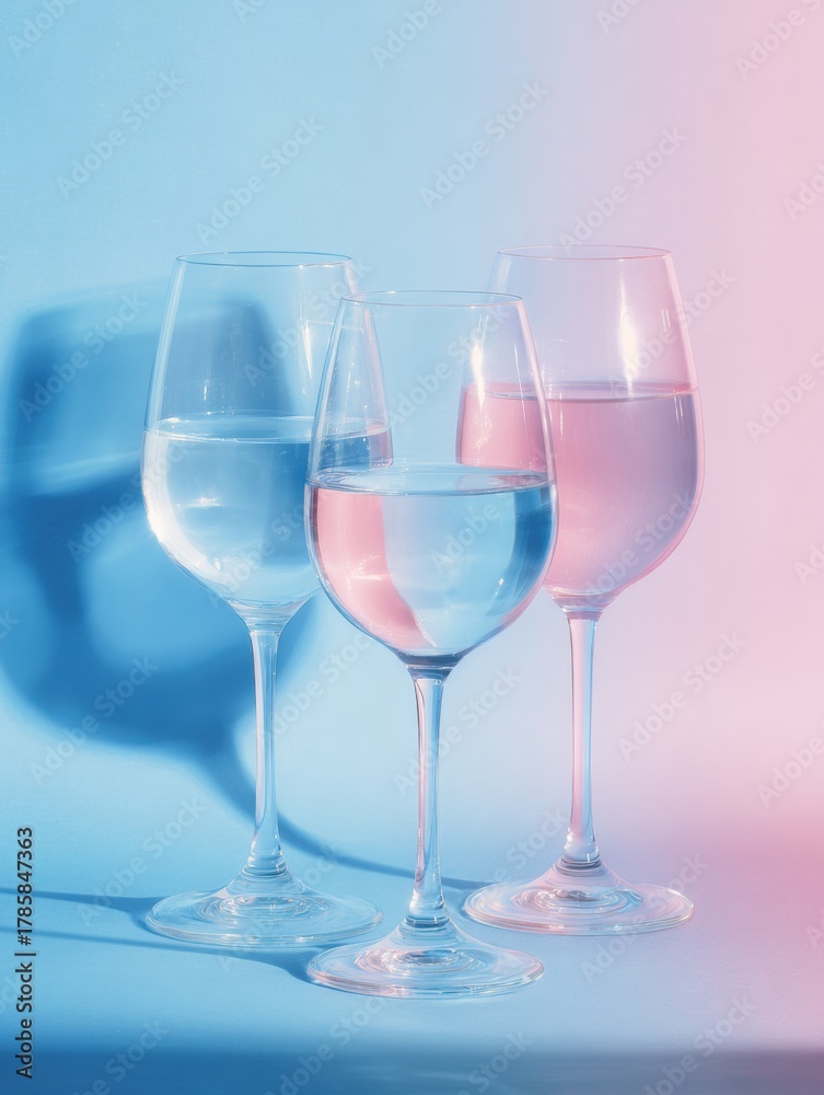 Fototapeta premium Transparent Glasses Filled With Colored Water on a Light Blue and White Gradient Background Create a Calm and Modern Aesthetic