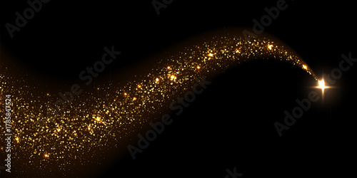 Golden glitter trail with glowing star. Sparkling golden particles forming smooth curved path ending in radiant light burst on dark background. Festive magic vector illustration.