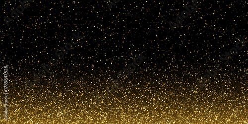 Gold glitter confetti on black background. Shiny glowing particles concentrated at bottom with fading effect toward top. Festive vector illustration for luxury celebration and elegant event design.