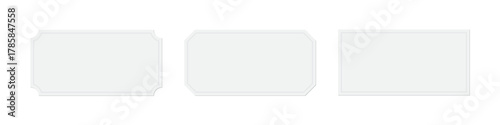 Blank ticket templates set. Collection of white admission or event stubs with decorative borders and various corner styles for labels, tags, invitations. Realistic vector illustration.