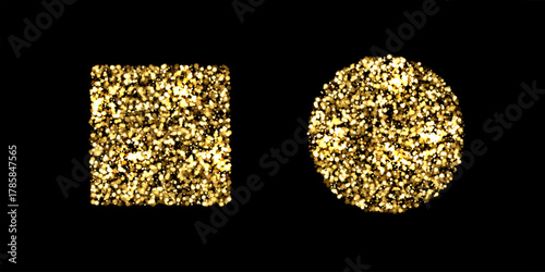 Golden glitter bokeh shapes. Dense shimmering particles forming square and circular shapes on black background. Sparkling festive decoration, luxury confetti. Vector illustration.