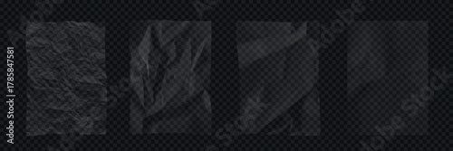 Transparent crumpled plastic textures. Set of wrinkled clear film overlays with light reflections on dark transparent background. Realistic vector illustration.