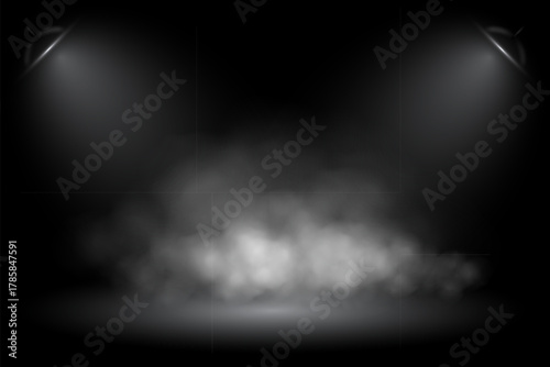 Stage background with spotlights and smoke. Dark illuminated scene with soft light beams and mist fog. Atmospheric design for theater, presentation, party, event. Realistic vector illustration.