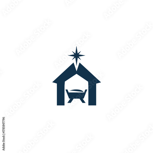 Minimalist nativity scene icon silhouette of stable and star on white background