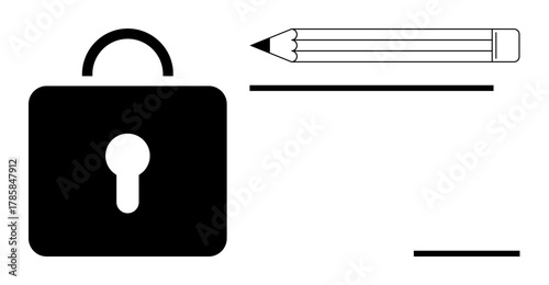 Black lock symbol alongside pencil and bars representing writing and security. Ideal for privacy, data protection, confidentiality, digital security, safe communication, intellectual property