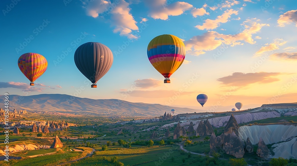 Obraz premium Stunning high-quality background featuring colorful hot air balloons soaring above a lush green valley, vibrant and full of life.
