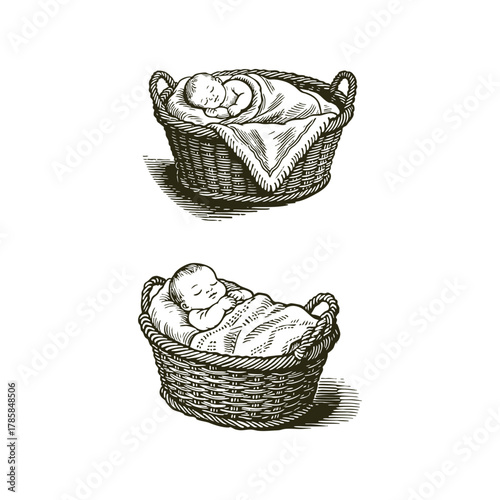 A set of two delicate vintage engraving style illustrations showing peaceful newborn babies sleeping soundly in a wicker basket, covered snugly with a blanket