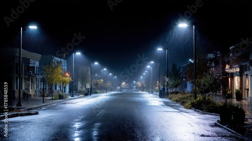 Fototapeta Naklejka Na Ścianę i Meble -  Night street in a small city lit by modern LED streetlights, wet pavement reflecting cool glow