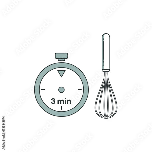 Kitchen timer and whisk tool icon representing cooking time, food preparation, and baking recipes, highlighting precision and efficiency for culinary tasks