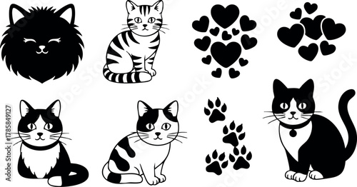Cute cats with paw prints and heart shapes vector illustration in black and white 