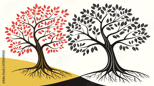 Stylized illustration of two contrasting trees with red and black leaves rooted on a diagonally divided background.