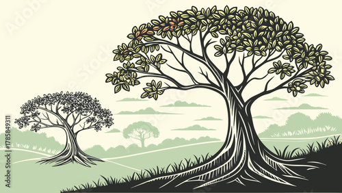 Stylized illustration of a large, mature tree with sprawling roots and a dense canopy, contrasted with a smaller, less developed tree in the background, set ...