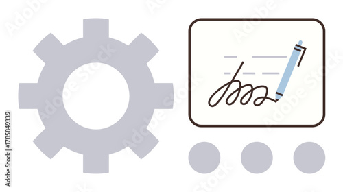 Gear symbol beside a digital interface depicting a pen signing a document. Ideal for technology, automation, workflow, e-signature, innovation, process optimization, documentation. Simple flat