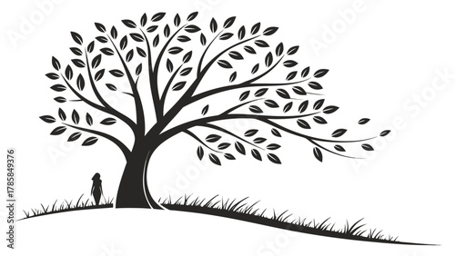 A solitary figure stands beneath the sprawling branches of a stylized deciduous tree, its silhouette stark against a white background, with grass swaying gently.