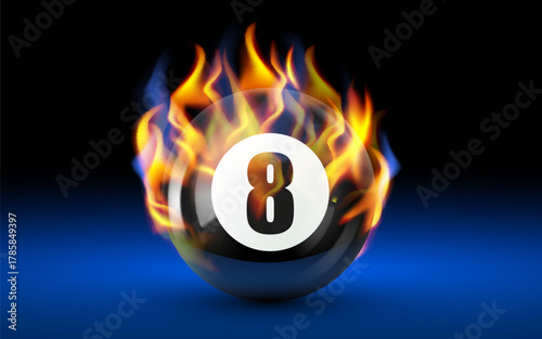 Fiery Eight Ball on blue Pool Table, symbolizing intensity, challenge, and determination in sport.