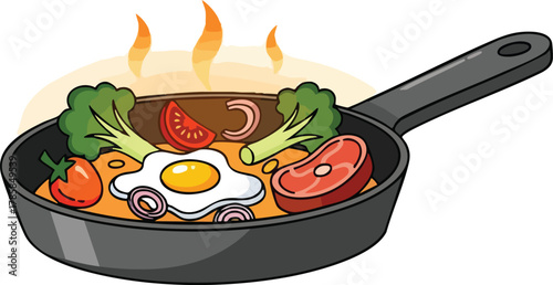 Pixel Art Frying Pan Filled With Food Including Fried Egg Steak Broccoli Tomato And Rice