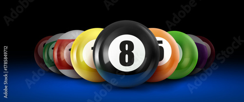 Colorful Billiard Balls Rack with the Black Eight Ball in Focus, set against a dark background on a blue table.